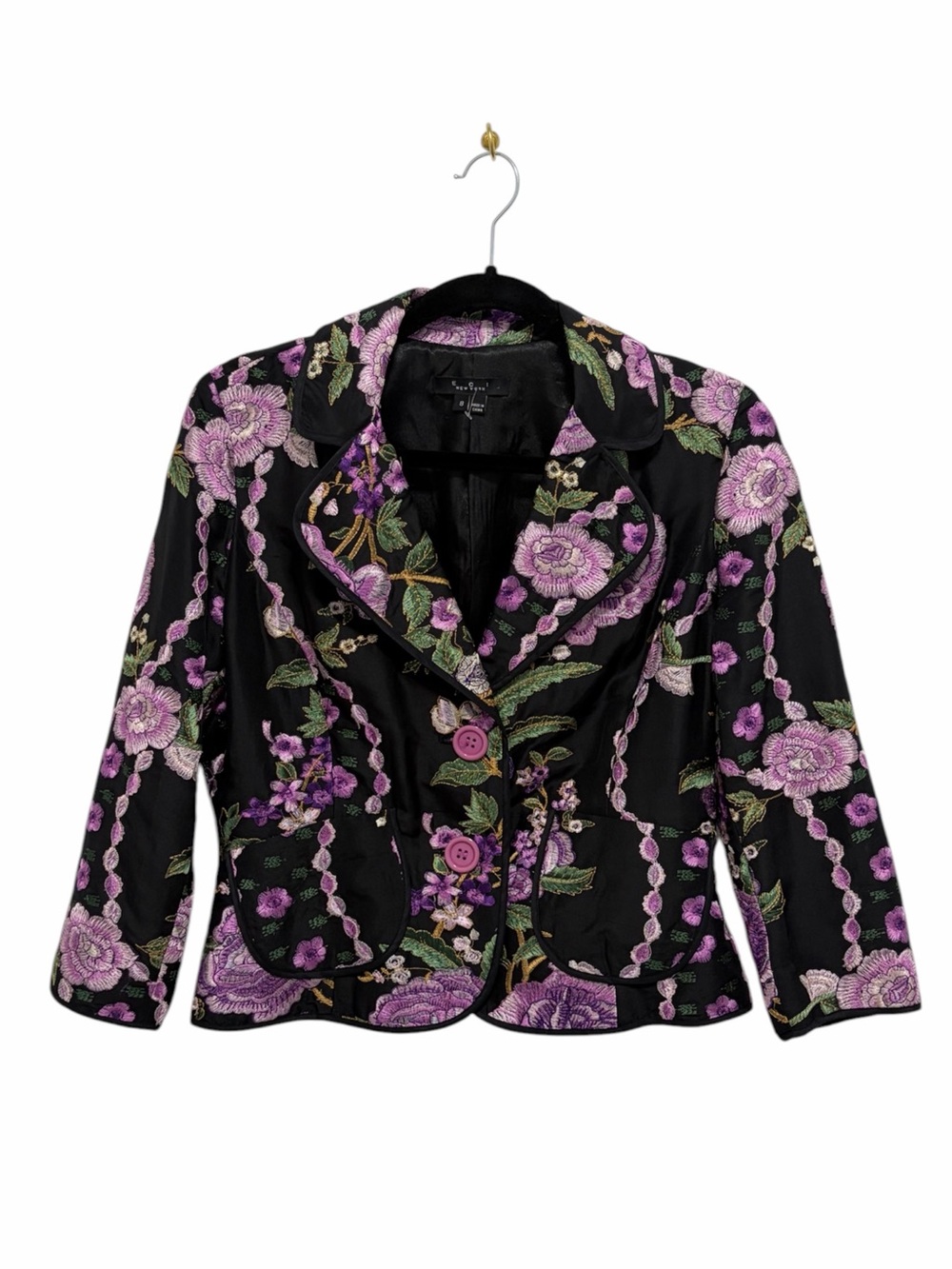 ECI New York Black Silk Floral Embroidered Jacket - Like New - 8P